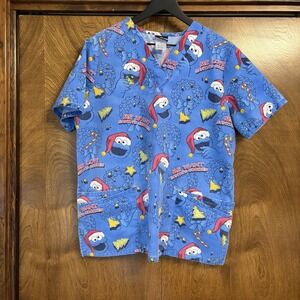 Sesame Street Cookie Monster Santa Christmas Medium Blue Scrub Top Kidcore